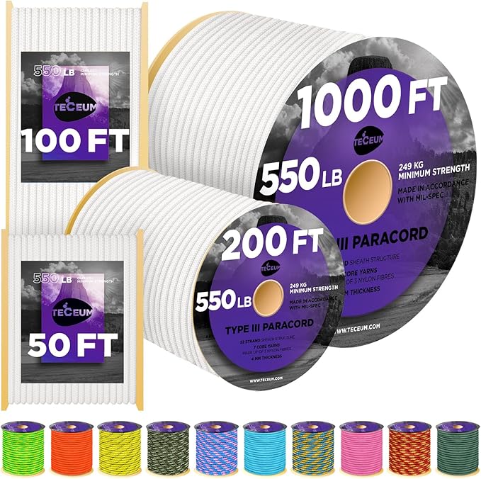 TECEUM Heavy Duty Rope 1000 – 1000ft / 200ft / 100ft / 50ft – 40+ Colors – Utility Rope for Survival & Camping Gear – Nylon String, Camping Rope, para Cord, Utility Nylon Rope, Tent Cord
