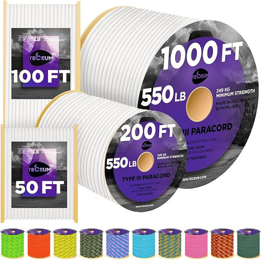 TECEUM Heavy Duty Rope 1000 – 1000ft / 200ft / 100ft / 50ft – 40+ Colors – Utility Rope for Survival & Camping Gear – Nylon String, Camping Rope, para Cord, Utility Nylon Rope, Tent Cord