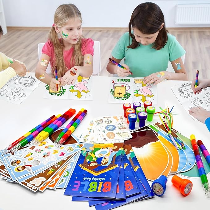 60 Pcs Easter Religious Party Favors,Christian Easter Basket Goodie Bag Stuffers,Easter Coloring Books with Stacking Crayons Bulk, Novelty Prizes DIY Scenes Stickers for Bible School Preschoolers