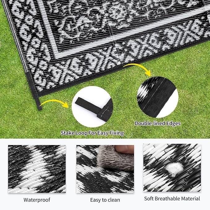 Outdoor Patio Plastic Straw Rug - 5'x8' Outdoor Camping Rug Waterproof Reversible, Area Carpet Patios Clearance RV, Outside Porch Balcony Deck for Camper, Classic Black & White