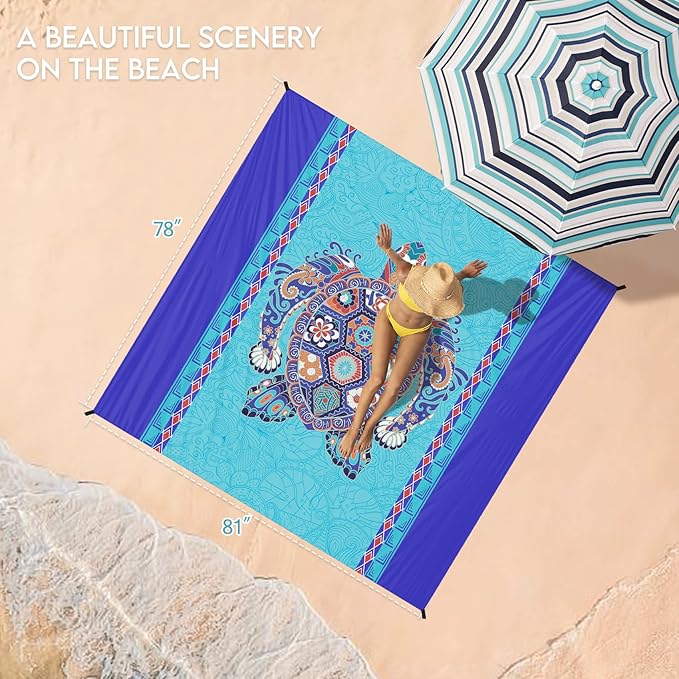 BYDOLL Beach Blanket Waterproof Sandproof 78''×81'' 1-7 Adults Oversized Lightweight Large Picnic Mat Waterproof Sandproof Blanket for Beach