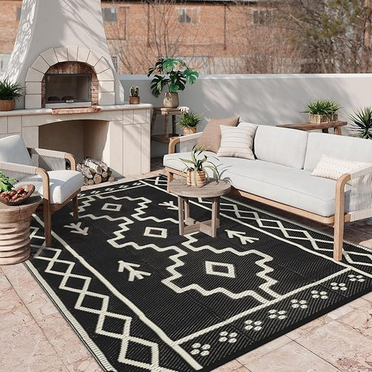 Uphome Outdoor Rugs 8x10 Waterproof, Reversible Black Boho RV Camping Rug, Patio Plastic Straw Outside Rug, Large Foldable Outdoor Mat Carpet for Backyard Deck Pool Balcony Picnic Beach, 8'x10'