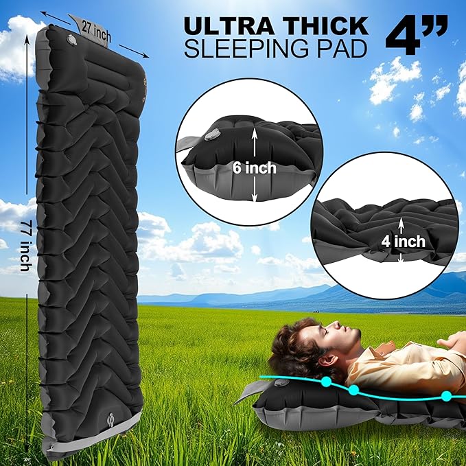 Sleeping Pad with Pillow, Self Inflating Extra-Thick, Ultralight Sleeping Mat, Built-in Pump, Ultimate for Camping, Hiking, Traveling, Airpad, Carry Bag, Compact & Lightweight Air Mattress (Black)