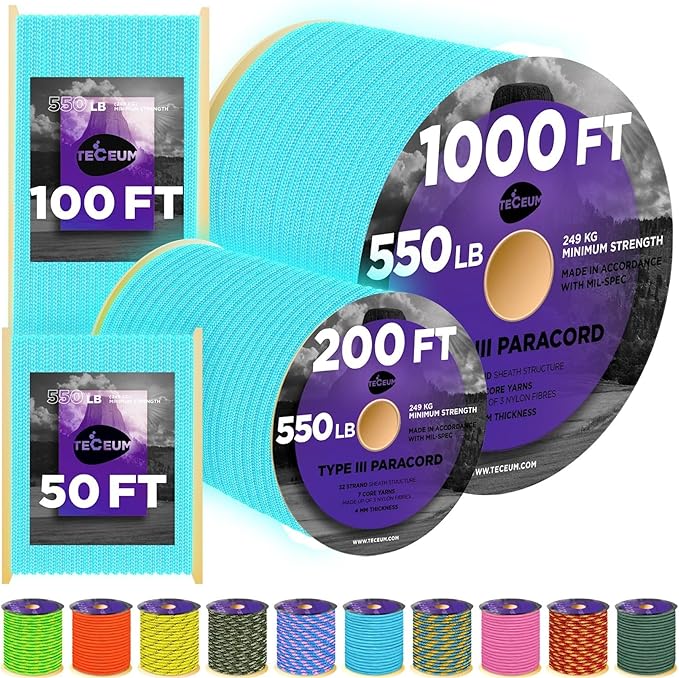 TECEUM Heavy Duty Rope 1000 – 1000ft / 200ft / 100ft / 50ft – 40+ Colors – Utility Rope for Survival & Camping Gear – Nylon String, Camping Rope, para Cord, Utility Nylon Rope, Tent Cord
