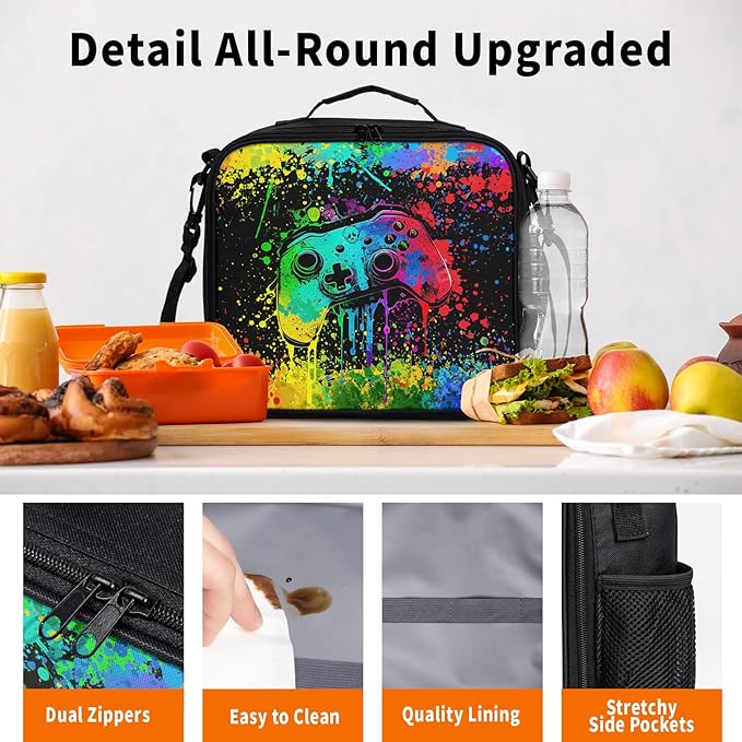 Graffiti Game Pattern Lunch Bag Watercolor Doodle Game Lunch Boxes for Women/Man Office Work Travel School Work Picnic Durable Reusable Insulated Large Lunch Tote Bag with Adjustable Shoulder Strap