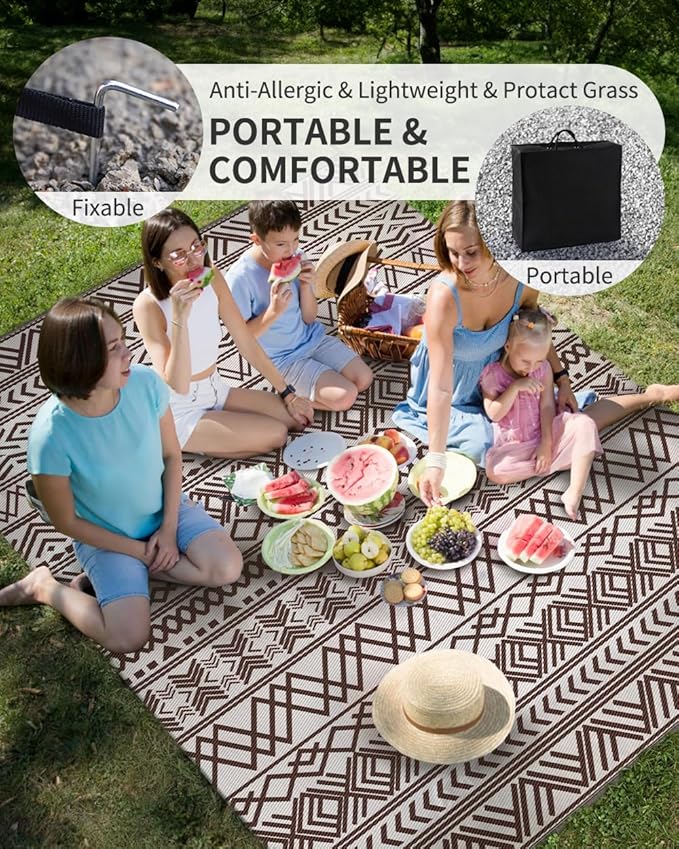 MontVoo Outdoor Rug 8x10 Waterproof Outdoor Patio Rug Mat Reverisble Plastic Straw Outdoor Rug for RV Camping Picnic Beach Balcony Boho Beige Brown