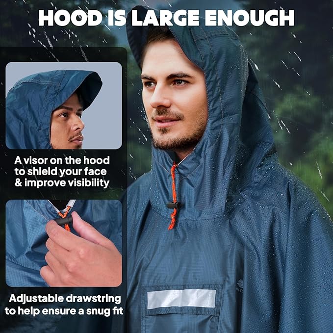 ANYOO Hooded Rain Poncho for Adults Waterproof Lightweight Rain Coat for Men Women Reusable Rain Jacket for Emergency Outdoor