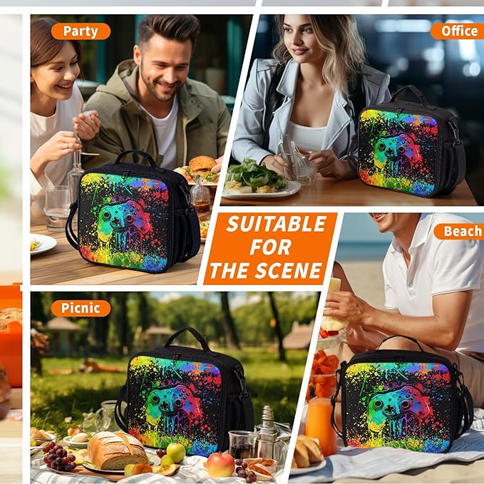 Graffiti Game Pattern Lunch Bag Watercolor Doodle Game Lunch Boxes for Women/Man Office Work Travel School Work Picnic Durable Reusable Insulated Large Lunch Tote Bag with Adjustable Shoulder Strap