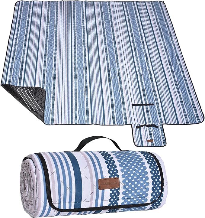 Oversized Waterproof Picnic Mat, Outdoor Beach Mat. Suitable for Camping, Outdoor, Beach, Party and Concert. (Dark Blue & Light Blue, 80" x 60")