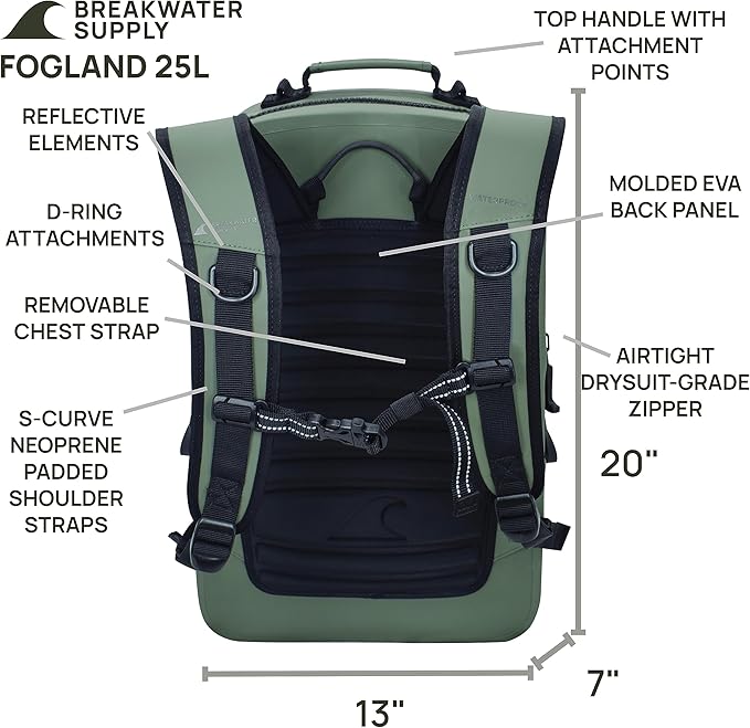 Breakwater Supply™ 100% Waterproof Submersible Backpack, Laptop Bag, Airtight Zippers | Travel Outdoors | Fogland 25L 20L 15L