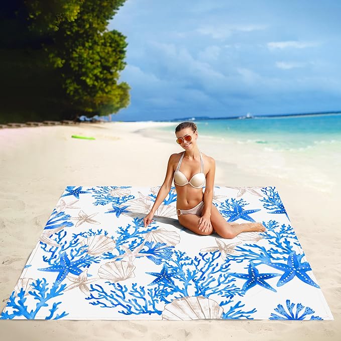 Beach Blanket Waterproof Sandproof, 110''×118'' Extra Large Blue Beach Mat for 1-8 Adults, Lightweight & Compact Sand Free Outdoor Beach Essentials for Picnic, Camping, Travel