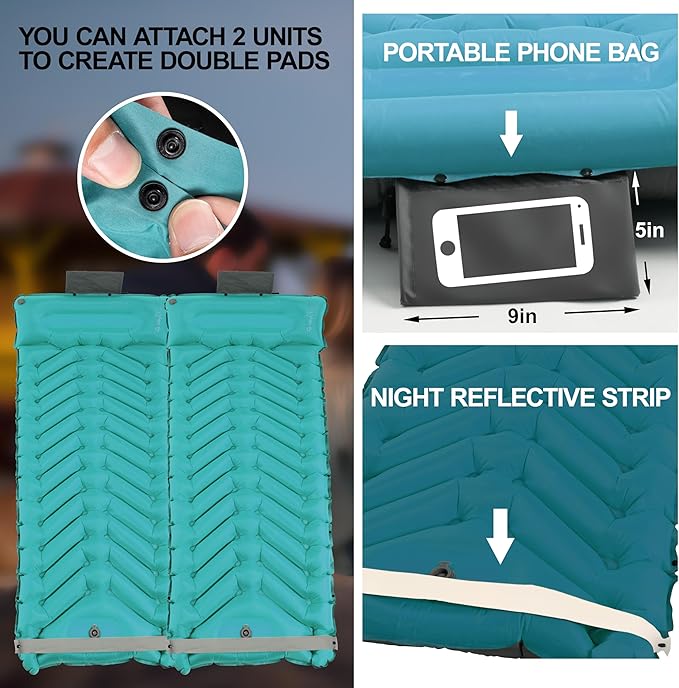 Sleeping Pad with Pillow, Self Inflating Extra-Thick, Ultralight Sleeping Mat, Built-in Pump, Ultimate for Camping, Hiking, Traveling, Airpad, Carry Bag, Compact & Lightweight Air Mattress (Peacock)