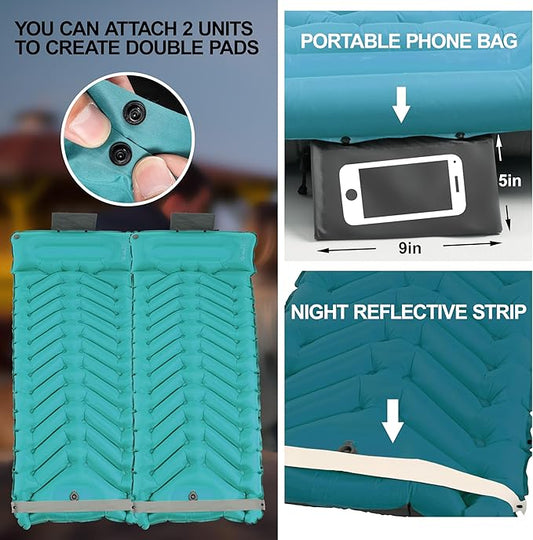 Sleeping Pad with Pillow, Self Inflating Extra-Thick, Ultralight Sleeping Mat, Built-in Pump, Ultimate for Camping, Hiking, Traveling, Airpad, Carry Bag, Compact & Lightweight Air Mattress (Peacock)