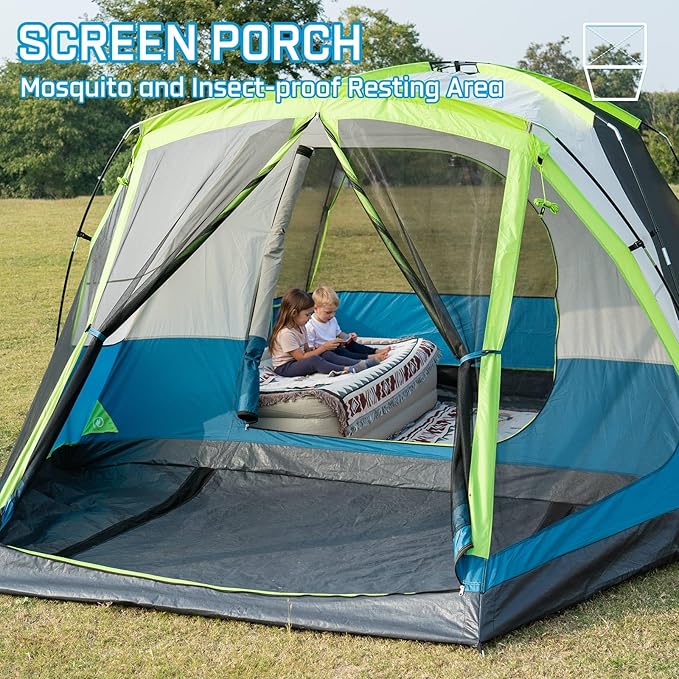 6/8 Person Large Waterproof Family Tents for Camping, Screened Camping Tent with Screen Porch, Bug-Free Relaxation & Easy Setup, Includes Rainfly & Carry Bag