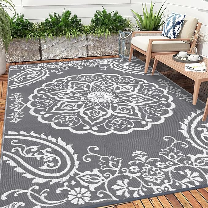 Pauwer Waterproof Outdoor Rug 9x12, Reversible Plastic Straw Patio Camping Rug, Indoor Outdoor RV Mat Carpet for Deck, Camper, Porch, Balcony, Backyard, Picnic, Boho Grey
