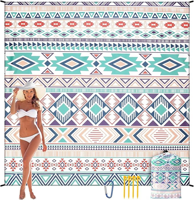 Beach Blanket, Sandproof Beach Mat, Waterproof Quick Drying Lightweight Outdoor Aztec Picnic Mat 79" X 83" for 2-4 Adults with Pocket for Travel, Camping, Hiking
