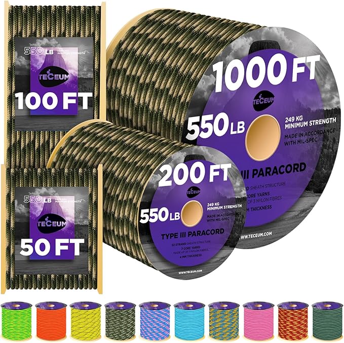 TECEUM Heavy Duty Rope 1000 – 1000ft / 200ft / 100ft / 50ft – 40+ Colors – Utility Rope for Survival & Camping Gear – Nylon String, Camping Rope, para Cord, Utility Nylon Rope, Tent Cord