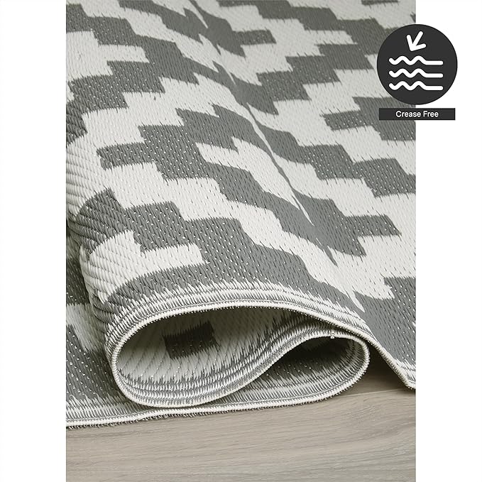FH Home Outdoor Rug - Waterproof, Fade Resistant, Reversible - Premium Recycled Plastic - Geometric - Porch, Deck, Balcony, Mudroom, Laundry Room, Patio - Aztec - Gray & White Crease Free - 3 x 5 ft