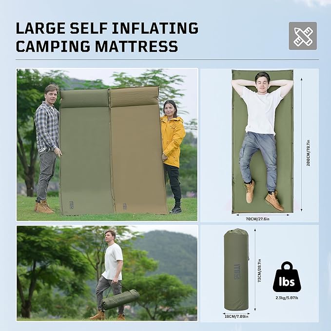 Self Inflating Sleeping Pad for Camping, Insulated Inflatable Camping Mattress for Winter, with Pillow, Dual Valves, Memory Foam, Sleeping Mat for Backpacking, Hammock, Tents, Floor