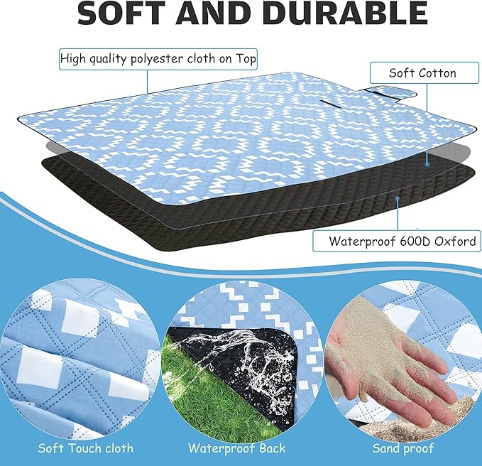 Large Picnic Blanket Beach Blanket Waterproof Sandproof Outdoor Blanket Foldable Beach Mat Sandfree Picnic Mat with Carry Strap Lightweight Beach Mat fit 2 to 4 Adults for Beach Grass Lawn Park