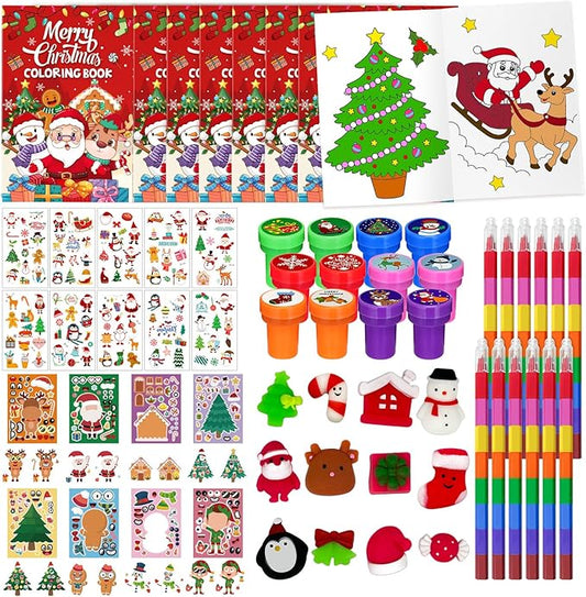Cinrobiye 144 Pcss Merry Christmas Party Favors Max Holiday Coloring Books Tattoo DIY Sticker Stampers Class Reward Prizes for Christmas Holiday Winter Party supplies (Christmas2)