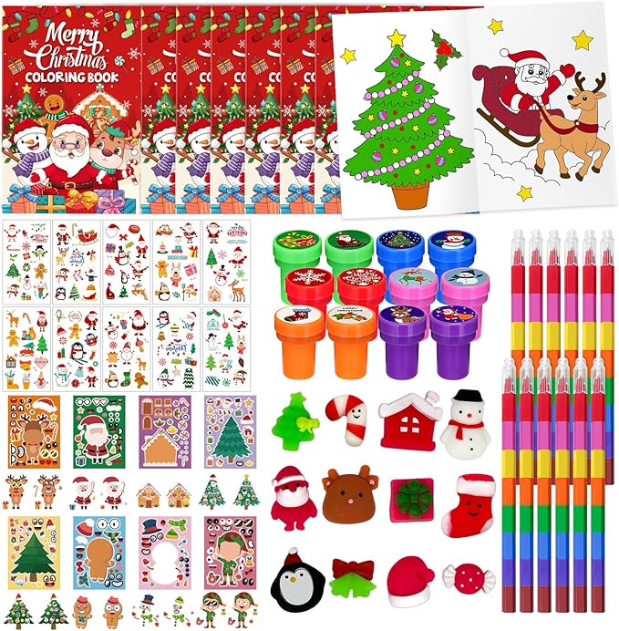 Cinrobiye 72 Pieces Merry Christmas Party Favors Max Holiday Coloring Books Tattoo DIY Sticker Stampers Class Reward Prizes for Christmas Holiday Winter Party Supplies