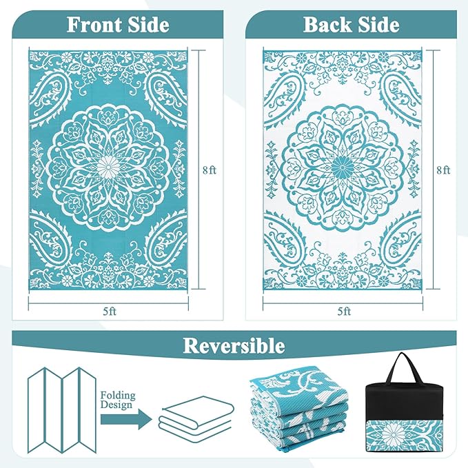 Pauwer Waterproof Outdoor Rug 5x8, Reversible Plastic Straw Patio Camping Rug, Indoor Outdoor RV Mat Carpet for Deck, Camper, Porch, Balcony, Backyard, Picnic, Boho Teal