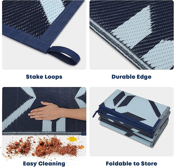 Kohree RV Outdoor Rug 9x12 Reversible, Waterproof RV Awning Rug Patio Mat with 4 Stakes & UV Resistant, Non-Slip Outdoor Camping Mat for Picnic, Backyard, Includes Carry Bag (Blue)