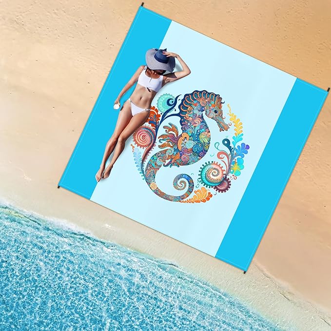 Large Beach Blanket Waterproof Sandproof 79"x 83" for 1-4 Adults,Quick Drying Beach Mat,Lightweight & Durable,Beach Essentials for Family Beach Camping Travel Picnic (Sea Horse)