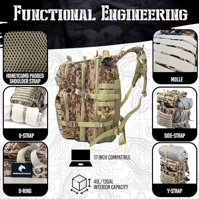 45L Elite Tactical Backpack | 3X Stronger Work & Military Backpack | Water Resistant and Heavy Duty | 3 Day MOLLE Bug Out Bag (Sand Storm)