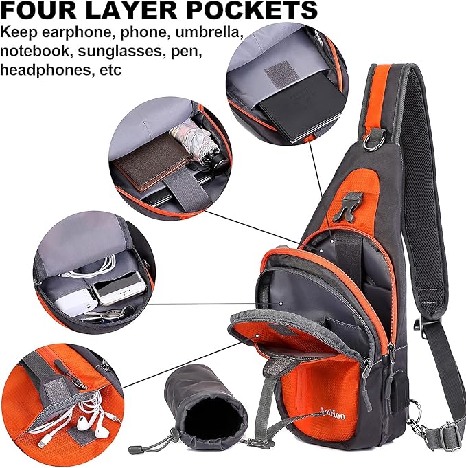 AmHoo Sling Backpack Chest Shoudler Crossbody Bag Water Resistant Hiking Daypack