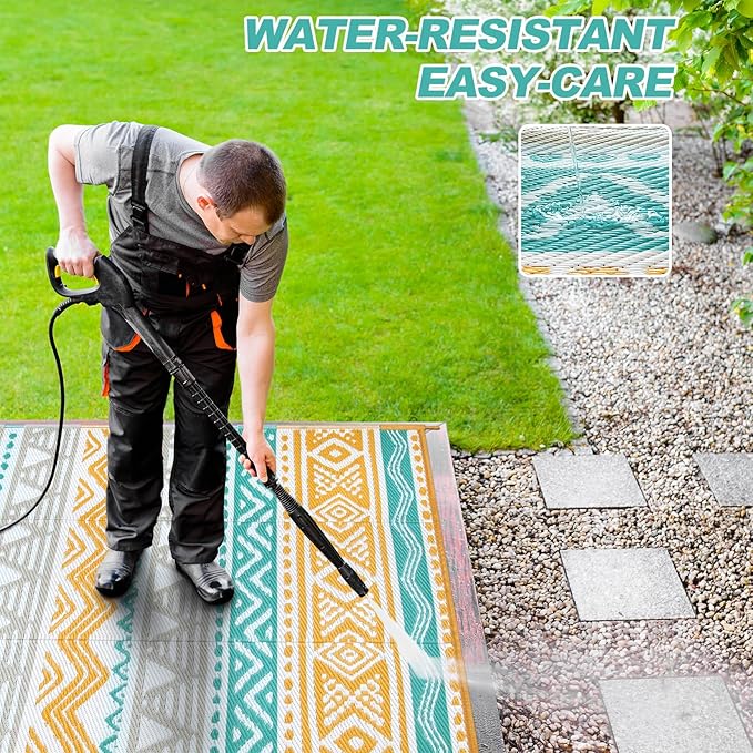 Lahome Outdoor Rug Waterproof, 5x8ft Reversible Outdoor Plastic Straw Rug for Camping Patio, RV Outdoor Rugs Outside, Outdoor Carpet for Porch Deck Backyard Balcony Picnic(Blue/Yellow,5'x 8')