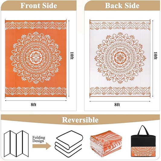 Pauwer Waterproof Outdoor Rug 8x10, Reversible Plastic Straw Patio Camping Rug, Indoor Outdoor RV Mat Carpet for Deck, Camper, Porch, Balcony, Backyard, Picnic, Floral Orange