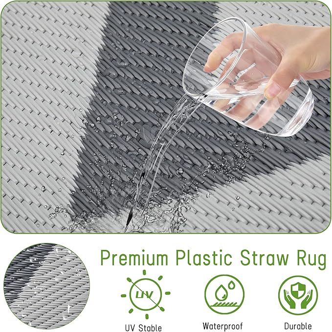 Easy-Going Reversible Outdoor Rugs 5x8ft Waterproof Plastic Straw Rug Stain & UV Resistant Floor Mat for Patio Porch RV Backyard Pool Deck Picnic Beach Trailer Camping (Waved Grey & Light Grey)