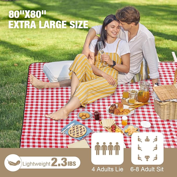 G GOOD GAIN Picnic Blankets Outdoor Extra Large - 80"x80" Portable Waterproof Picnic Blanket, Machine Washable 3-Layer Foldable Park Mat with Sandproof Backing for Grass, Hiking, Travel (Red)