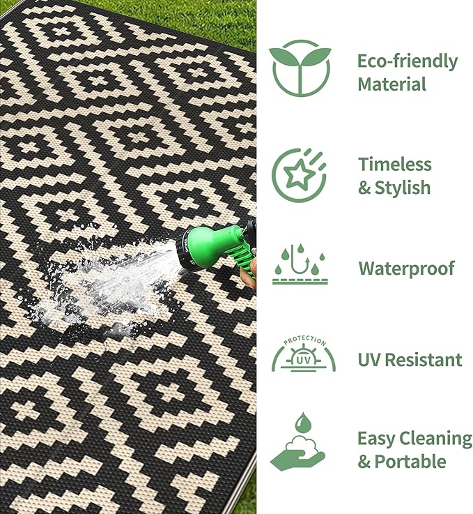 GENIMO Outdoor Rugs 8x10 Waterproof, Reversible Mats, Area Plastic Straw Rug, Outside Carpet, Geometric Rv Mat for Patio Camping Rv Picnic Backyard Deck Balcony Porch Beach Trailer (Black & Beige)