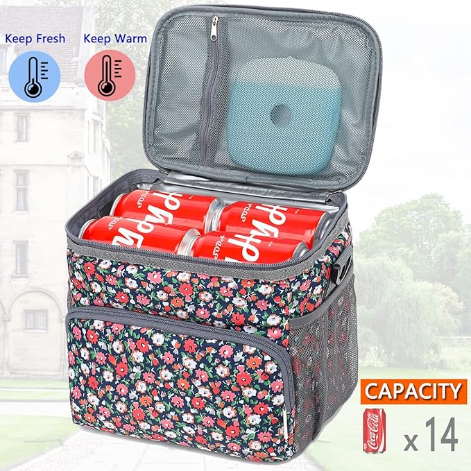 Insulated Reusable Lunch Bag Adult Large Lunch Box for Women and Men with Adjustable Shoulder Strap,Front Zipper Pocket and Dual Large Mesh Side Pockets,Floral