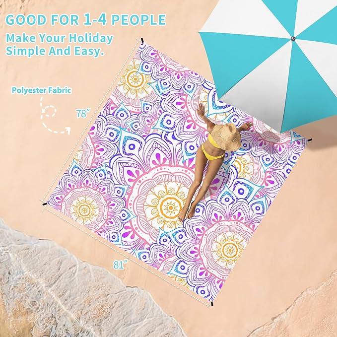 BYDOLL Beach Blanket Waterproof Sandproof 78''×81'' Suits1-4 Adults Compact Lightweight Oversized Sand-Free Blanket Large Picnic Mat for Beach Travel Camping Hiking