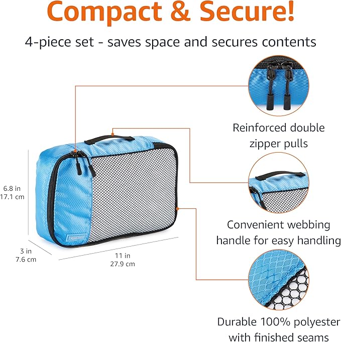 Amazon Basics Small Packing Cubes for Travel, Packing Organizers, 4-Piece-Set With Double Zipper Pulls and Mesh Top Panel, 100% Durable Polyester, Sky Blue, 11"L x 6.8"W x 3"H