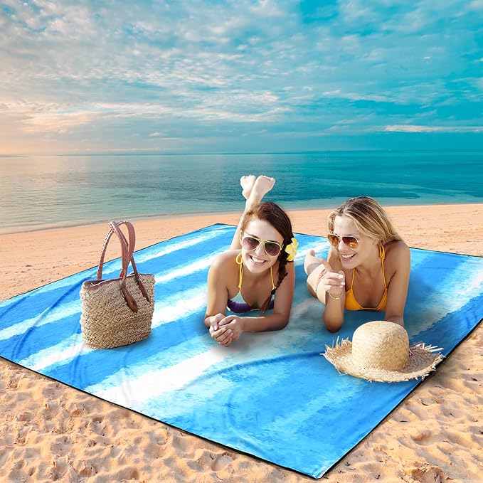 Beach Blanket Waterproof Sandproof Beach Mat 79" X 83" /10'x9'for 2-8 Adults Quick Drying Outdoor Picnic Mat Beach Accessories for Travel, Camping, Hiking