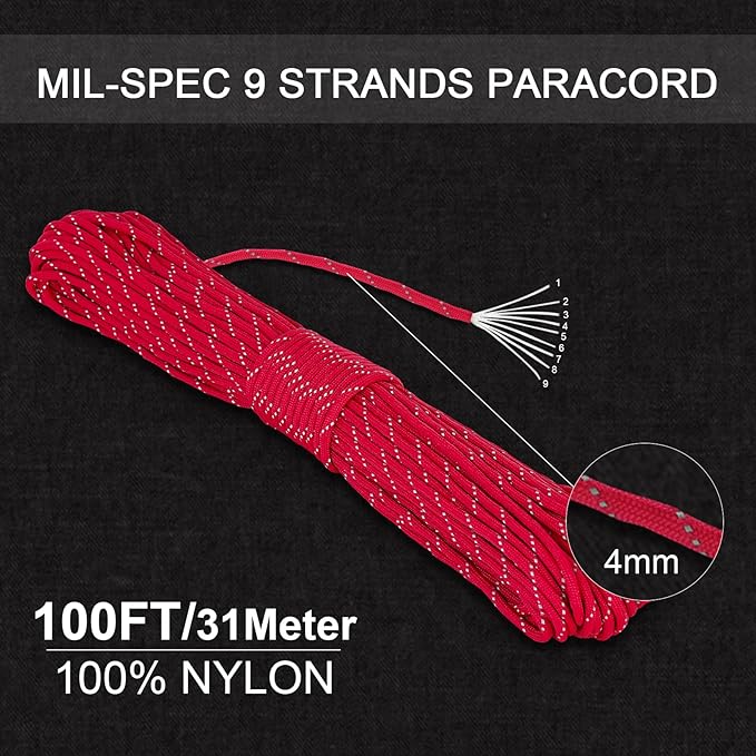 550 Reflective Paracord 100% Nylon 50' 2.5mm 100' 4mm 550 para Cord for Outdoor Emergency Tactical Survival Camping Hiking Bracelet