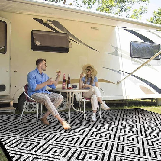 Outdoor Patio Plastic Straw Rug - 8'x10' Outdoor Camping Rug Waterproof Reversible, Area Carpet Patios Clearance RV, Outside Porch Balcony Deck for Camper, Stripe Black & White