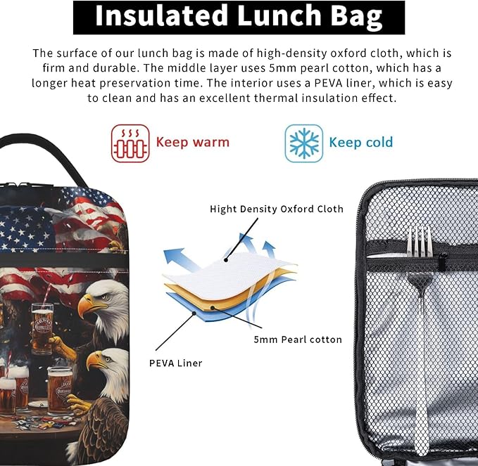 American Flag Bird Lunch Bag Insulated Reusable Lunch Box Thermal Cooler Tote For Men Women Work Travel Picnic Hiking