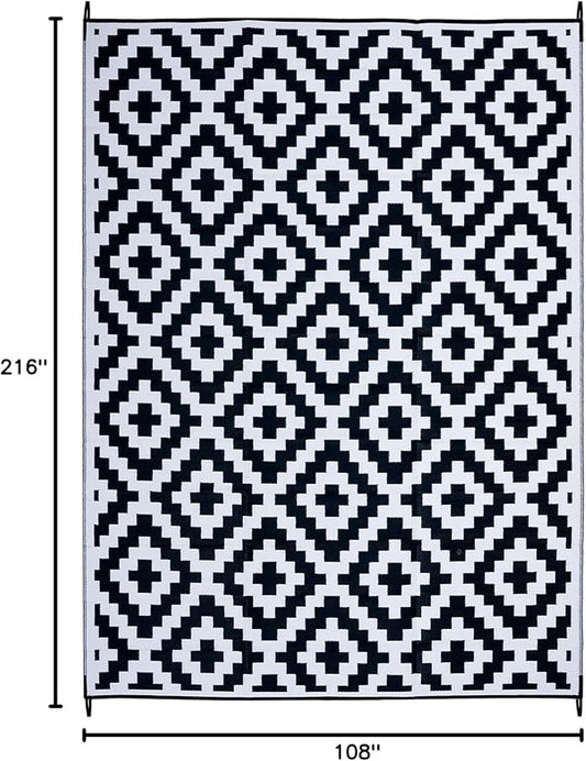 FH Home Outdoor Camping Rug - Waterproof, Fade Resistant, Reversible - Premium Recycled Plastic - Geometric - Large Patio, Deck, Sunroom, RV - Aztec - Black & White - 9 x 18 ft Foldable