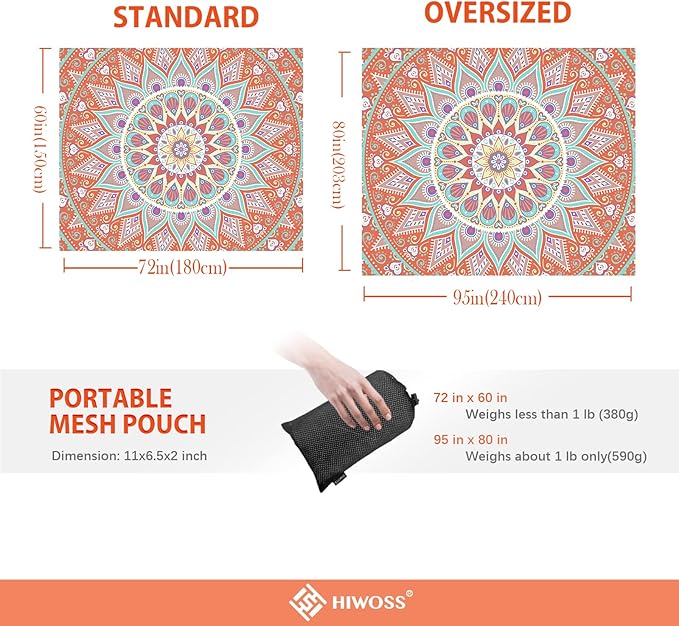 Beach Blanket Waterproof Sandproof Oversized 95”x 80”,Sand Free Beach Mat with Corner Pockets,Portable Mesh Bag for Beach Festival,Picnic,Travel and Outdoor Camping (SunsetOrange Green)