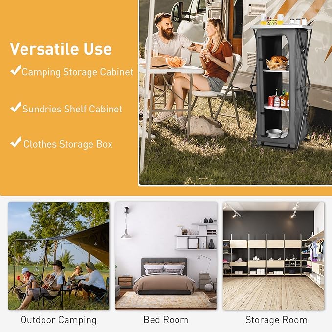 Goplus Folding Camping Storage Cabinet, Pop Up Outdoor Camping Kitchen Station with Large 3-Tier Storage Organizer, Carry Bag, Easy Set Up Portable Compact Camping Table for BBQ Picnic Backyard (55'')