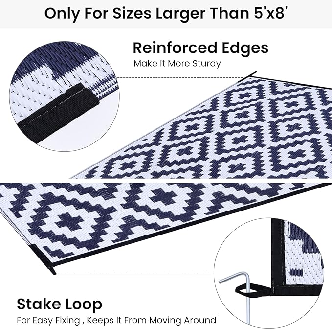 Smiry Waterproof Outdoor Rug 9x12 ft, Reversible Plastic Straw Patio Camping Rugs, Outdoor Indoor RV Mat Carpet for Patio, Outside Entry, Backyard, Deck, Bench, Picnic, Camper, White & Navy