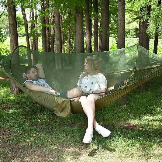 LFL Camping Hammock with Mosquito Net, Portable Hammock with Net, 1 & 2Persons Outdoor Swing Hammock, Nylon Parachute Material Outside Quick Opening, Hiking Travel Courtyard (Green)