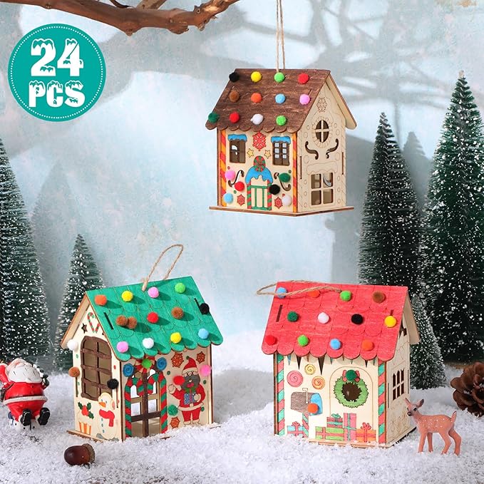 12 Pcs Wood Gingerbread House Craft Kit for Kids DIY Wooden Christmas Birdhouse Craft Kits Holiday Village Houses Make a Gingerbread Wooden House for Xmas Party Game Craft Supplies