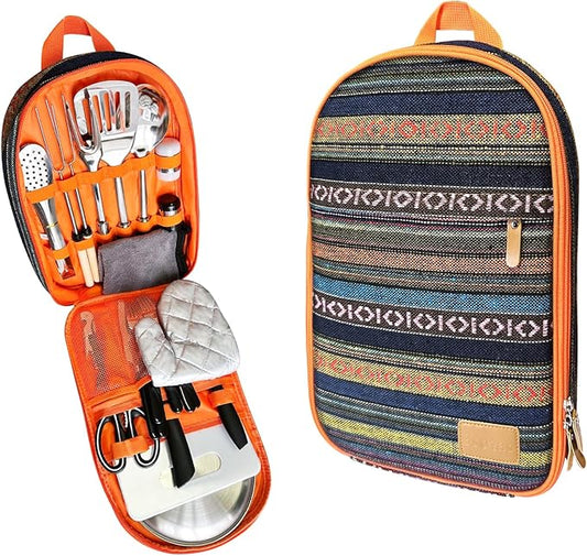 Camping Cooking Utensils Set - Camping Utensil Set Car Camping Cooking Essentials Gear for Camp Kitchen Cooking and Grilling, Stainless Steel & Silicone Ideal Gift for RV Tent Camper